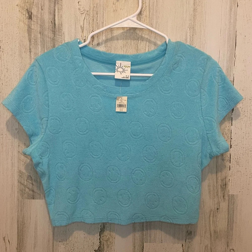 Aerie Offline Terrycloth Allover Smiley‎ Face Print Cropped Tee-Size M NWT